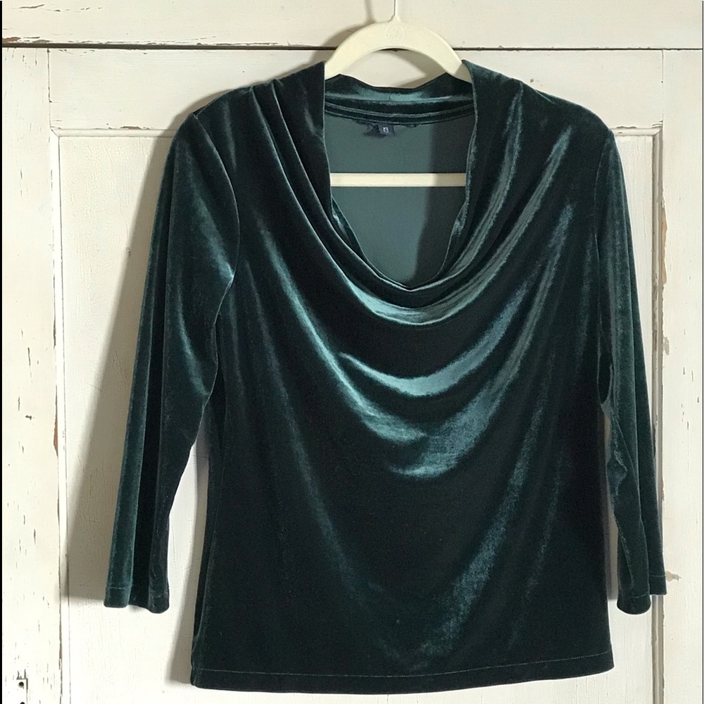 Lands End Dark Green Velvet Cowl Neck Top
